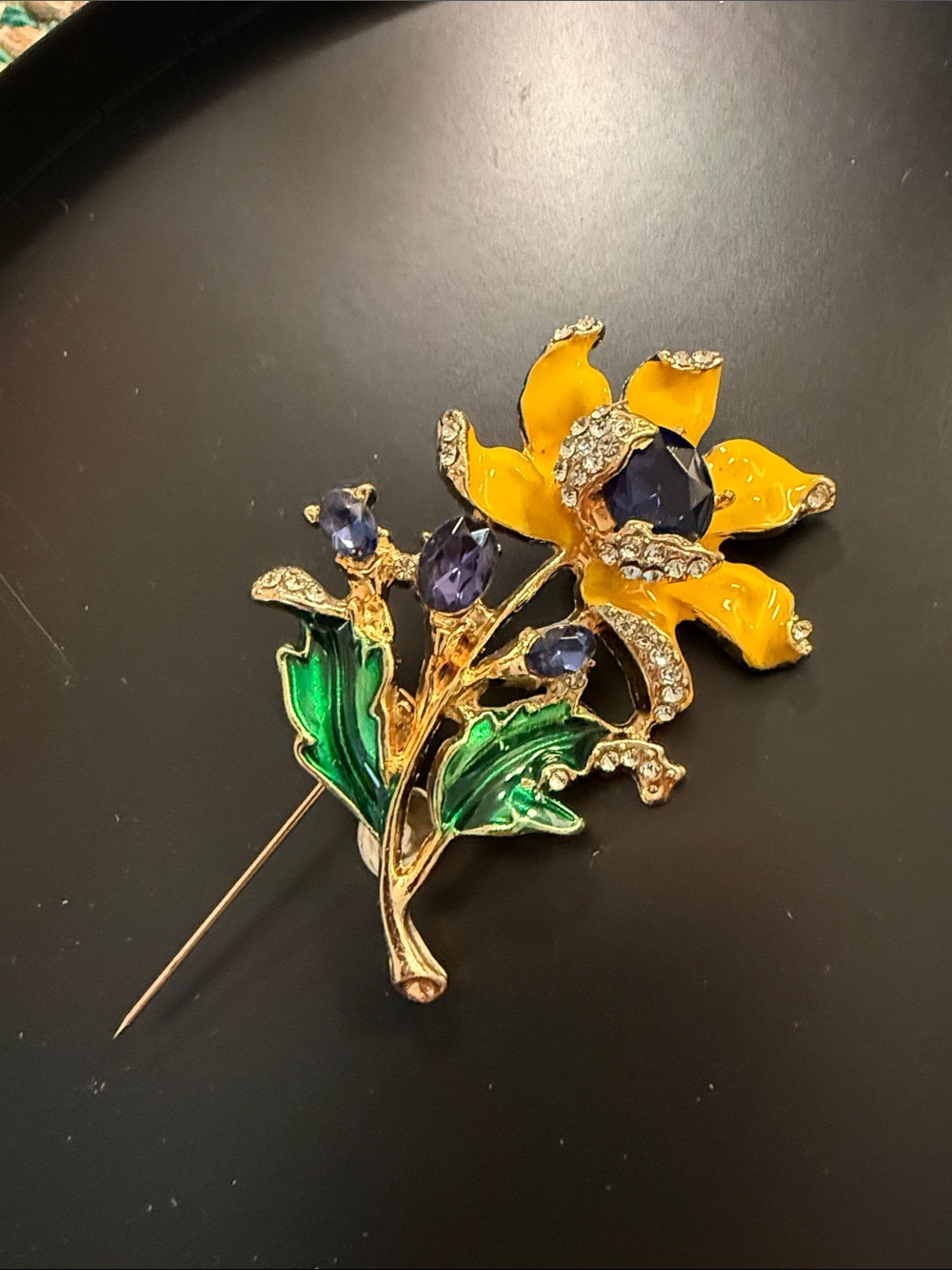 Yellow Enamel Floral Brooch or bag charm with Blue Crystal Accents
